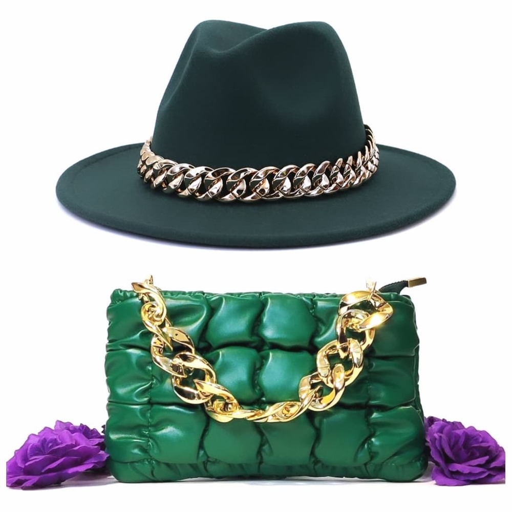 Green Hat and Bag Set with Gold Chain